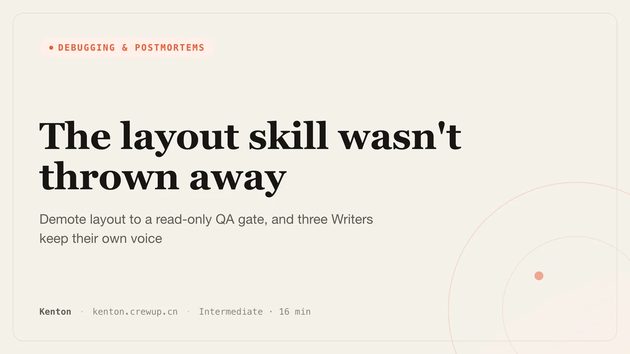 The Layout Skill Wasn't Thrown Away: One QA Chassis Shared by Three Writers — Kenton Blog