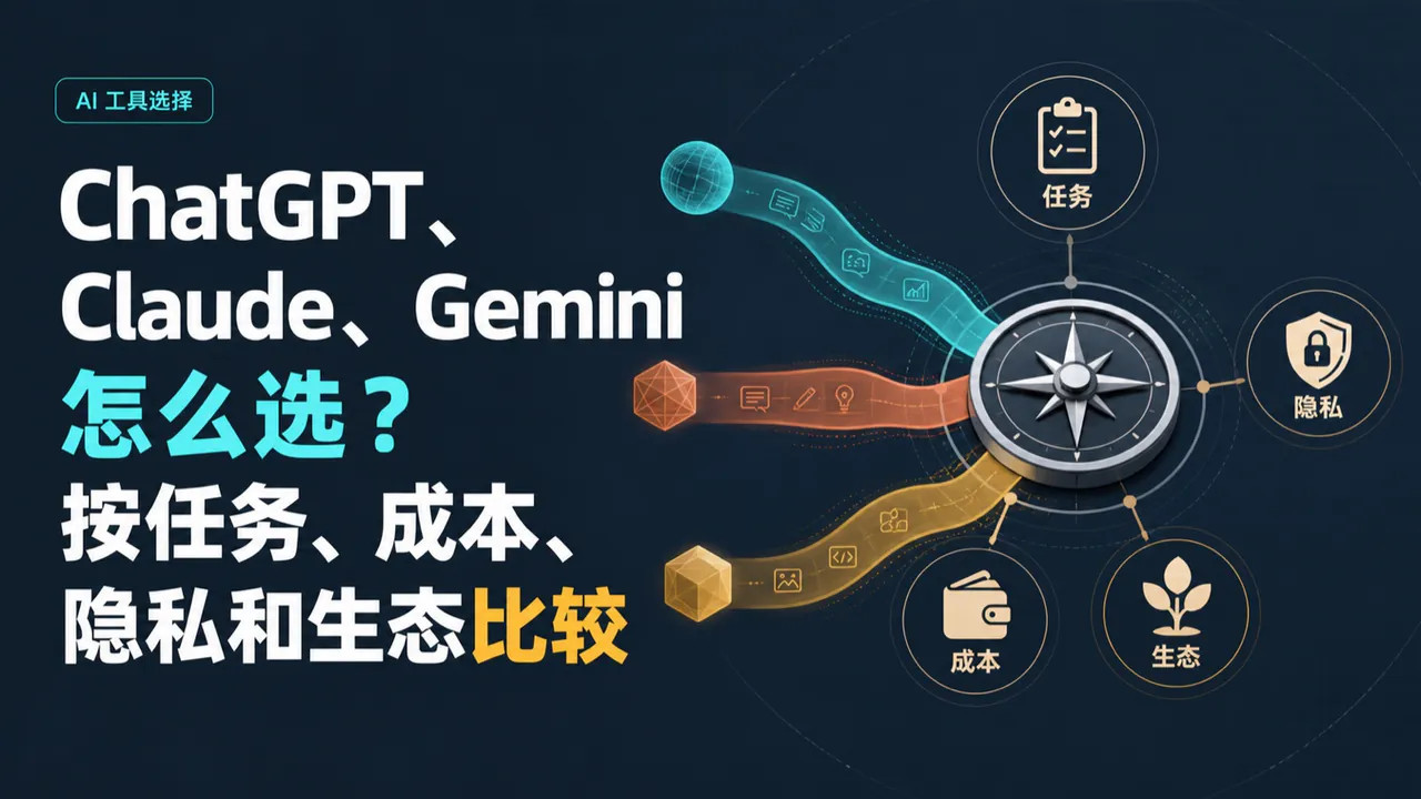 ChatGPT、Claude、Gemini 怎么选？按任务、成本、隐私和生态比较